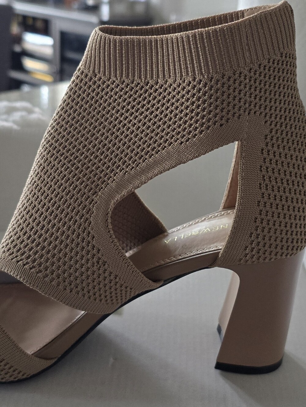 Neutral Knit Cutout Block Heel Sandal — Beige